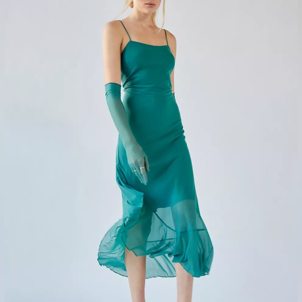 {NWT} Urban Outfitters | Glamour Girl Mesh Overlay Midi Dress Teal Green/Blue S
